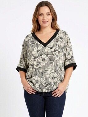 Camaïeu Boho Short Sleeve Top Black And Cream Floral Eu Size XXL (Us Size L-XL)